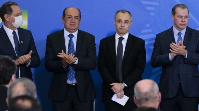 Ministro João Otávio de Noronha, do STJ, Gilmar Mendes, do STF, André Mendonça, então ministro da Justiça, e José Dias Toffoli